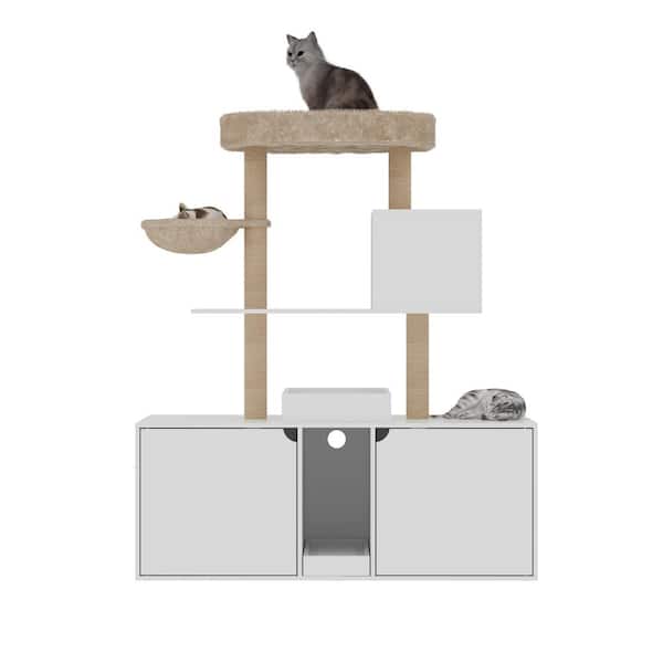 FUFU&GAGA Cat Tree Tower with Double Litter Box Enclosure, All-in-one Modern Wooden Cat Litterbox Enclosure for 2 Cats