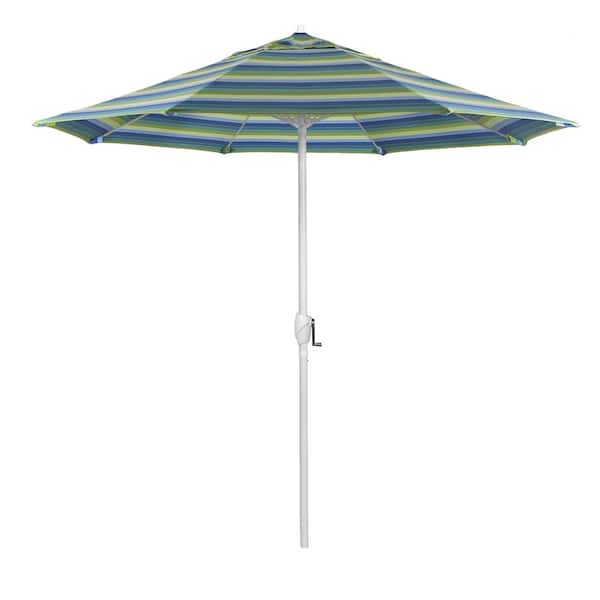 California Umbrella 9 ft. Matted White Aluminum Market Patio Umbrella Fiberglass Ribs and Auto Tilt in Seville Seaside Sunbrella