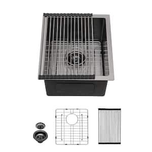 Gunmetal Black 15 in Undermount Single Bowl 16 Gauge Stainless Steel Bar Sink with Bottom Grids and Strainer