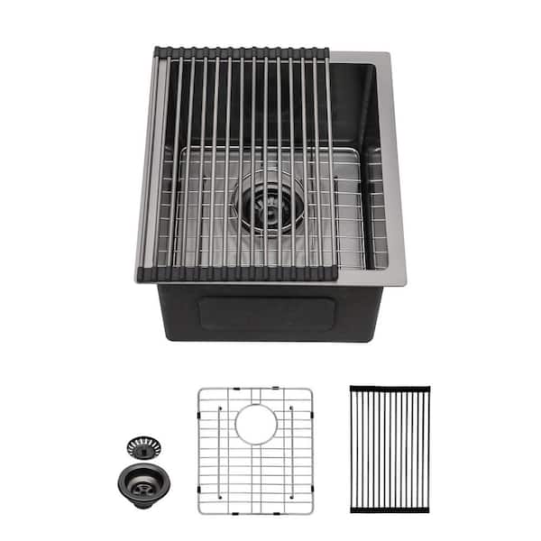 LORDEAR Gunmetal Black 15 in Undermount Single Bowl 16 Gauge Stainless Steel Bar Sink with Bottom Grids and Strainer