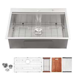 16-Gauge Stainless Steel 33 in. Single Bowl Zero Radius Corner Drop-In Workstation Kitchen Sink with All Accessories