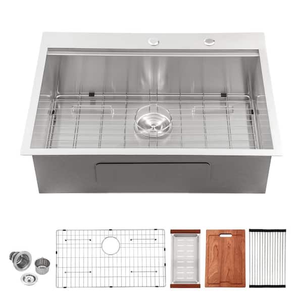 16-Gauge Stainless Steel 33 in. Single Bowl Zero Radius Corner Drop-In Workstation Kitchen Sink with All Accessories