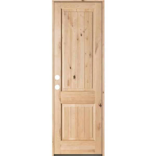 Krosswood Doors 32 in. x 96 in. Rustic Knotty Alder Square Top V-Grooved Right-Hand Inswing Unfinished Wood Prehung Front Door