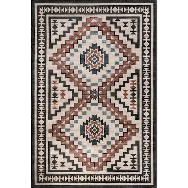 Violeta Timeless Medallion Spill Proof Washable Beige 6 ft. x 9 ft. Indoor Area Rug