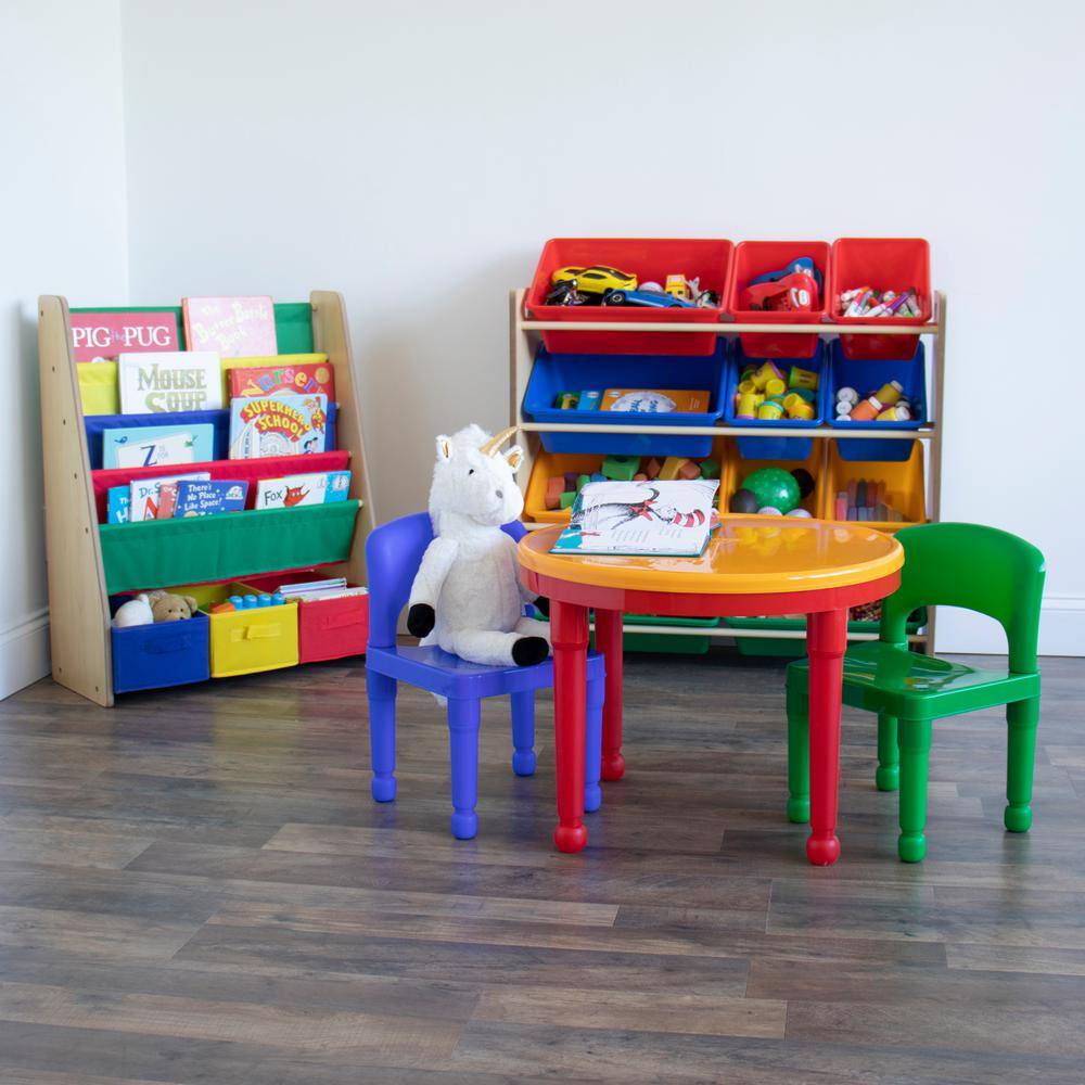 Natural Wood Kids Bookshelf with Primary Colored Fabric Bins