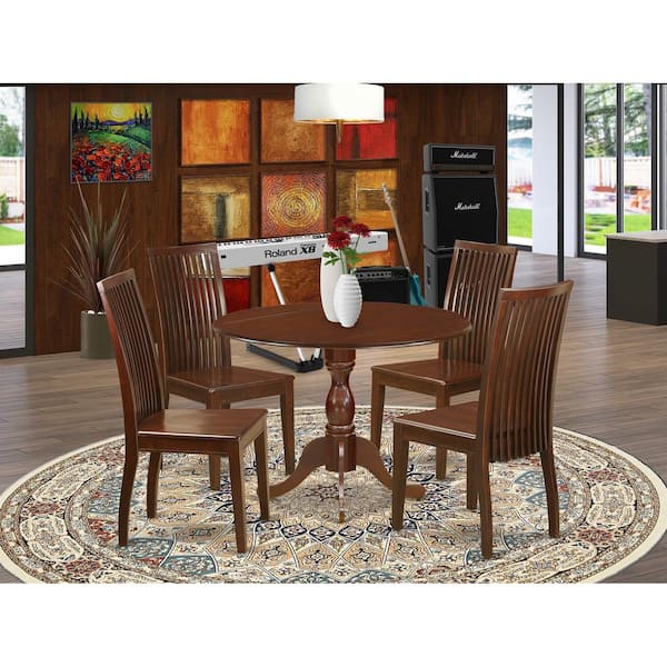 East West Furniture 5-Piece Mahogany Finish Solid Wood Top Dining table with 4 Chairs with Drop Leaf Slat Back