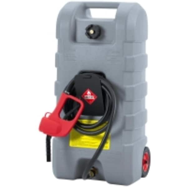 15 Gallon Gray Wheeled Fuel Caddy, Manual Pump, 10ft Hose & Dual Valves, HDPE Gas Transfer Storage Tank