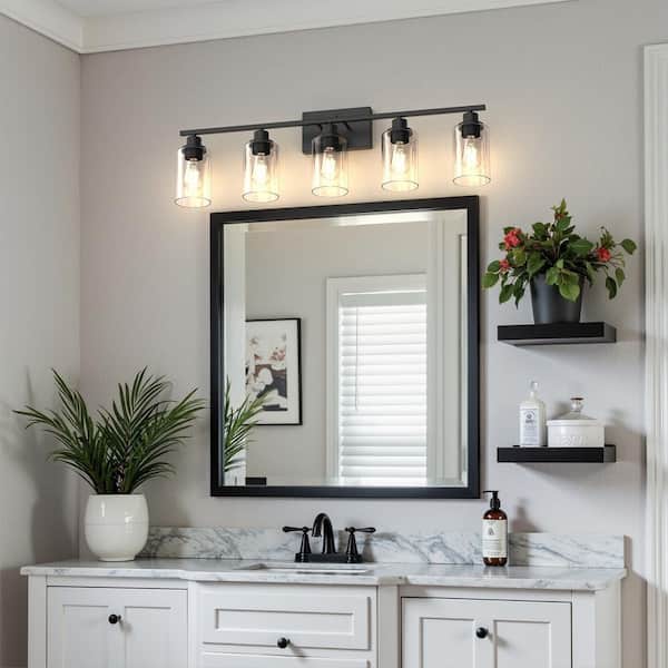 35 in. Industrial 5-Light Matte Black Farmhouse Vanity Light with Glass Shades for Bathroom