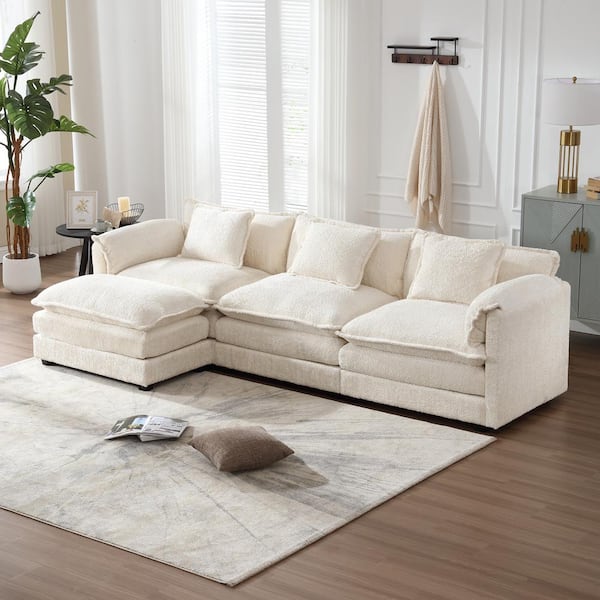 HOMEFUN 112 in. Square Arm 4-Piece L Shaped Chenille Modern Sectional Sofa in Beige with Moveable Ottoman
