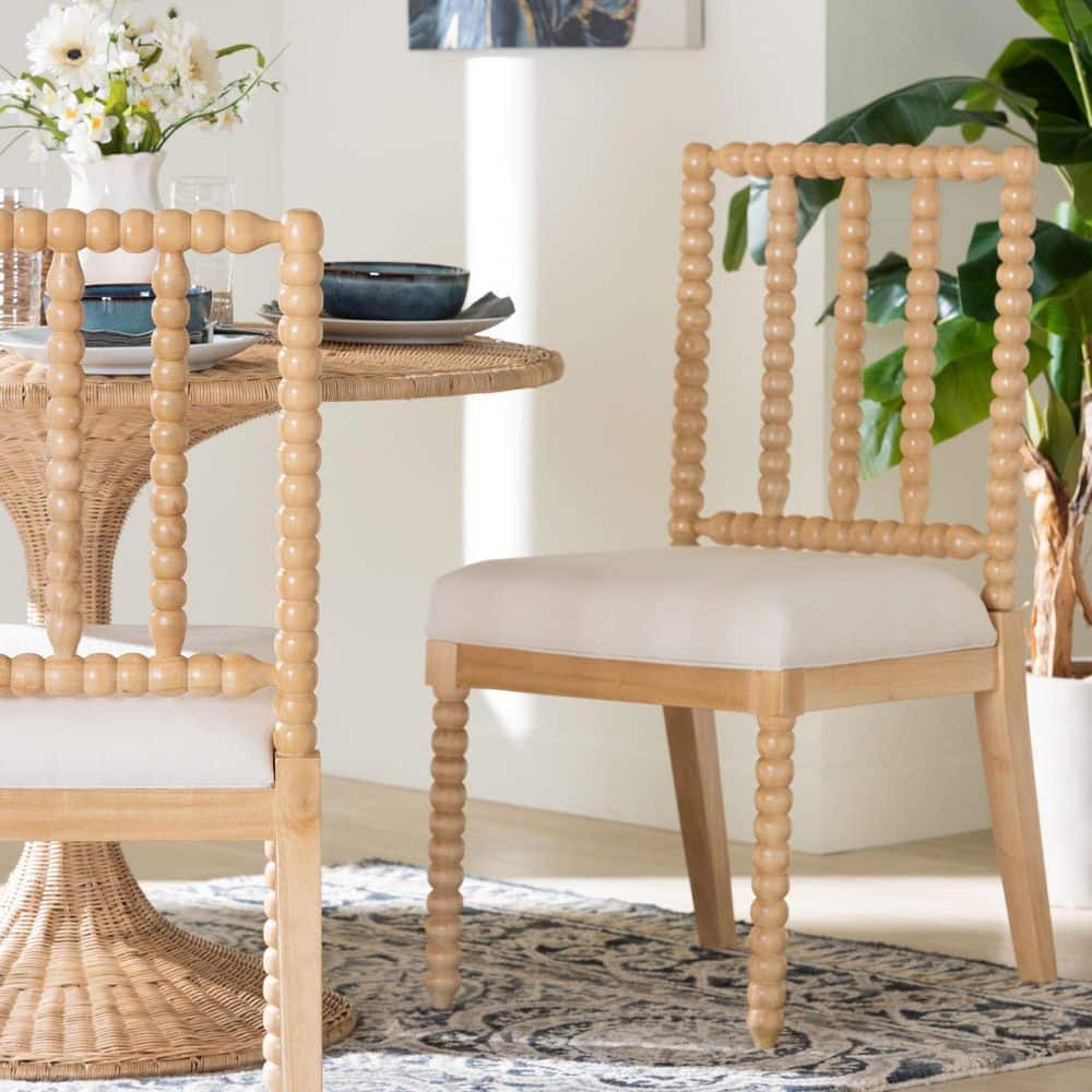 Deya Natural Brown Acacia Wood and White Fabric Dining Chair