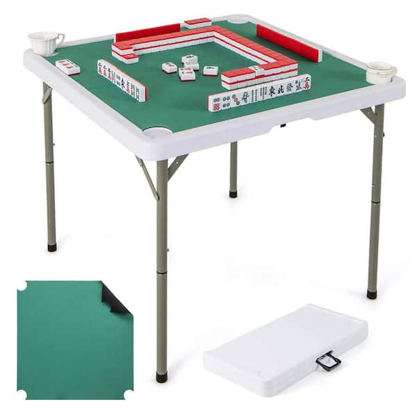 35 in. Folding Mahjong Table with Cup Holders & Smooth Felt Mat Carrying Handle Green