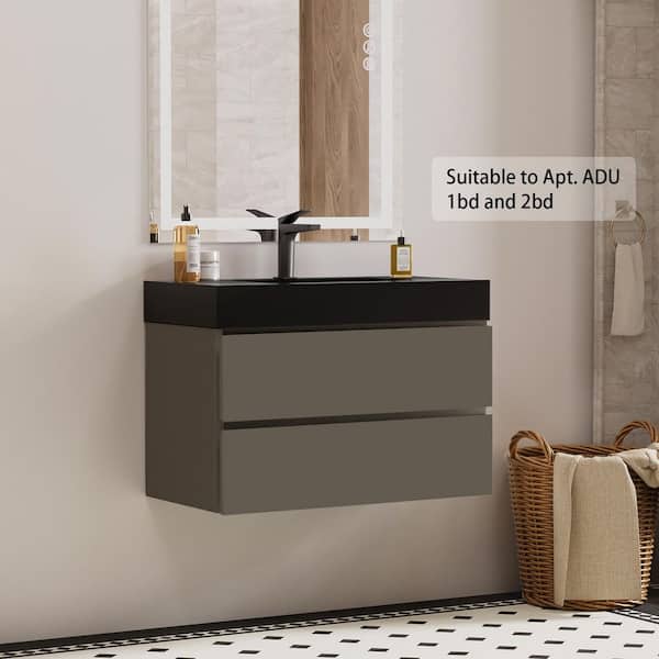 NOBLE 24 in. W x 18 in. D x 25 in. H Single Sink Floating Bath Vanity in Gray with Black Solid Surface Integral Top