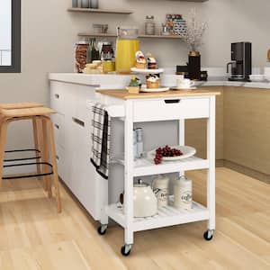 3-Tier White Wood Kitchen Cart Rolling Service Trolley with Bamboo Top, Shelves and Drawer