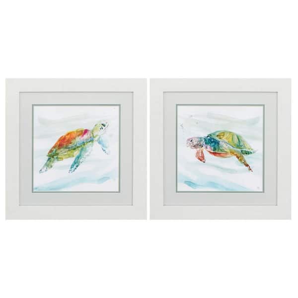 HomeRoots 19 in. X 19 in. White Gallery Picture Frame Turtle Tropics (Set of 2)