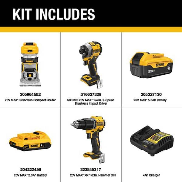 ATOMIC 20-Volt Lithium-Ion Cordless 2-Tool Combo Kit and Brushless Compact Router w/ 5 Ah and 2 Ah Batteries and Charger