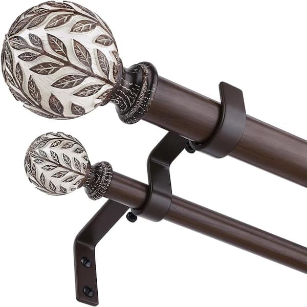 36-153in Wood Grain Double Curtain Rod, Leaf Finial Boho Window Rod -Walnut Wood