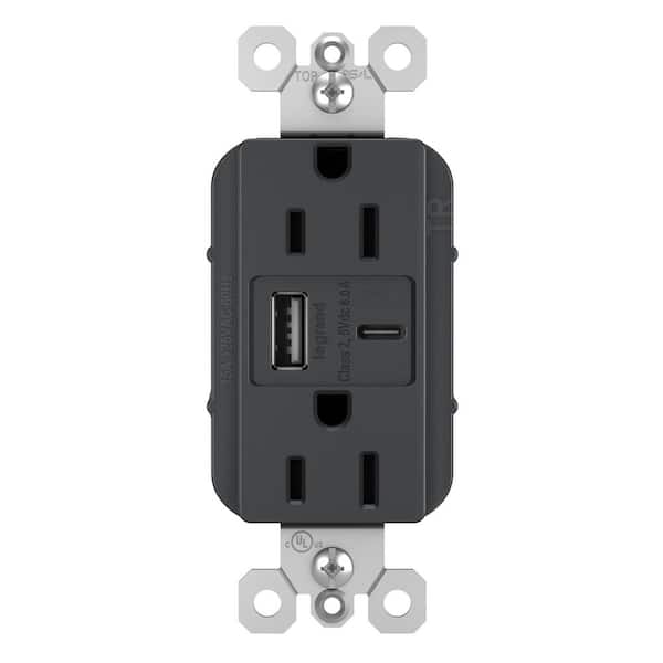 radiant 15 Amp 125-Volt Decorator Duplex Outlet with 6.0 Amp Type A/C USB, Graphite