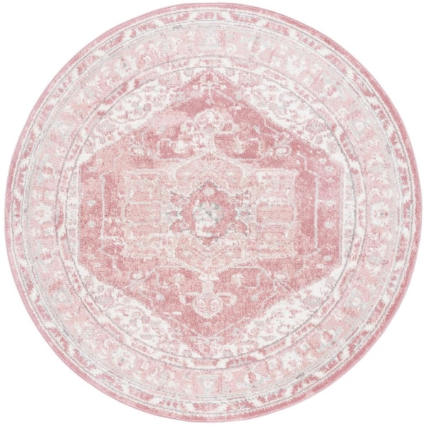 Layla 8 ft. x 8 ft. Ivory Gray/Pink Border Ornate Round Area Rug