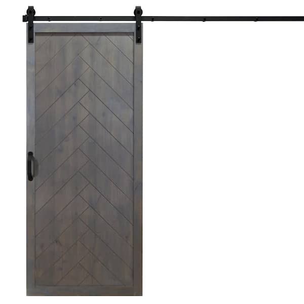 Unbranded 42 in. x 84 in. Herringbone Ash Gray Alder Wood Interior Barn Door Slab with Sliding Barn Door Hardware Kit