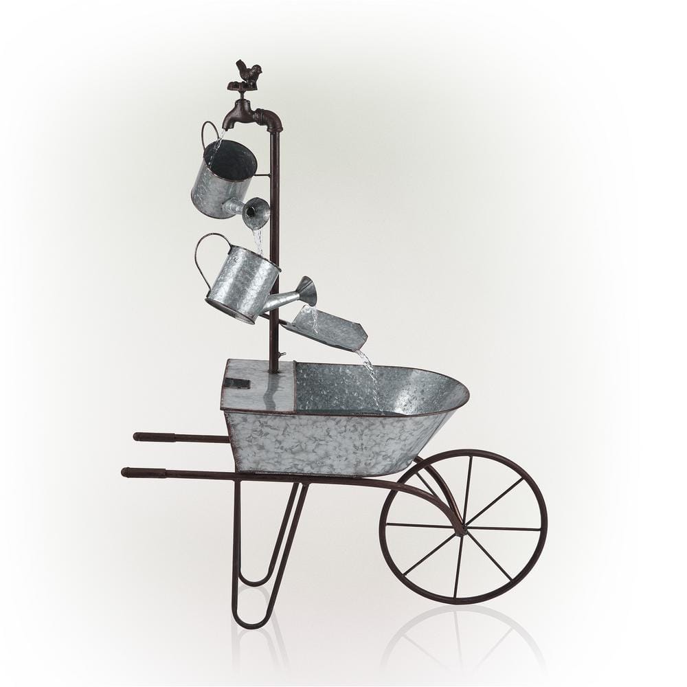 36" Silver Metal Wheelbarrow and Watering Can Fountain