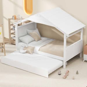 White Wood Twin Size House Platform Bed with Twin Size Trundle and Storage Shelf