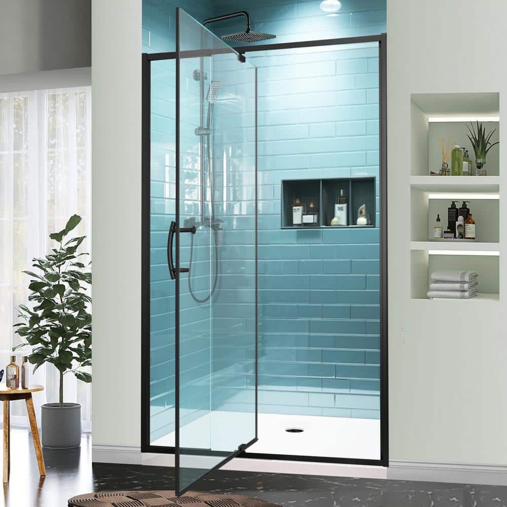 48 in. Matte Black Semi-Frameless Pivot Shower Door with Clear Glass