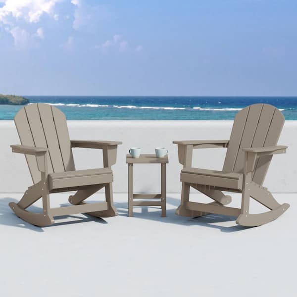 Laguna 3-Piece Fade Resistant Outdoor Patio HDPE Poly Plastic Adirondack Rocking Chair, Side Table Set, Weathered Wood