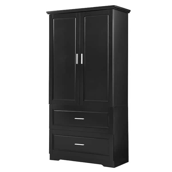 32 in. W x 15 in. D x 63.2 in. H Freestanding Black Tall Linen Cabinet with Drawers and Adjustable Shelf