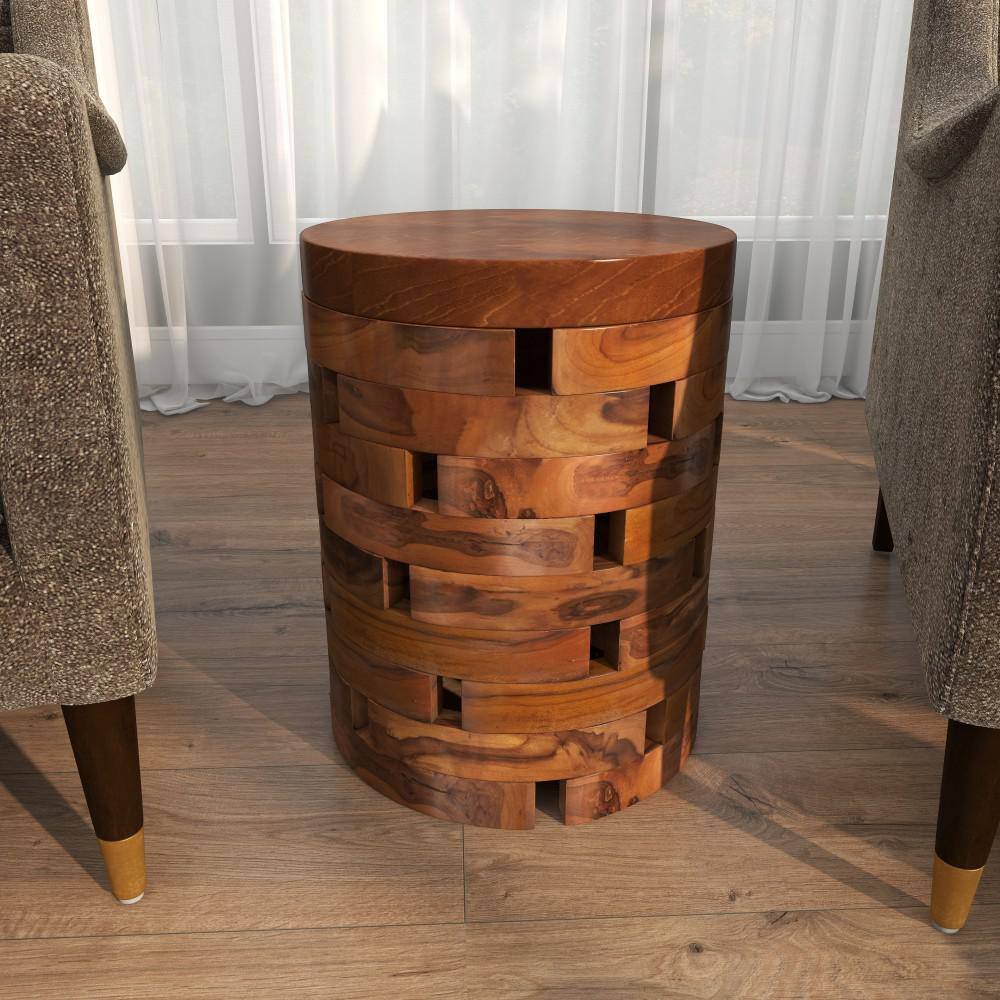 Light Brown Teak Wood Round Live Edge Accent Table 14" x 18"