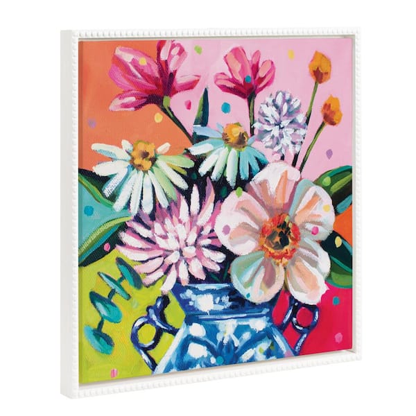 Kate and Laurel Modern Bright Colorful Flower Vase Wall Art 1-Piece White Framed Canvas Art Print, 22 in. x 22 in.