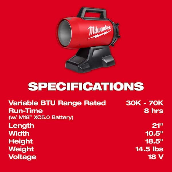 Milwaukee M18 70,000 BTU Forced Air Propane Heater with