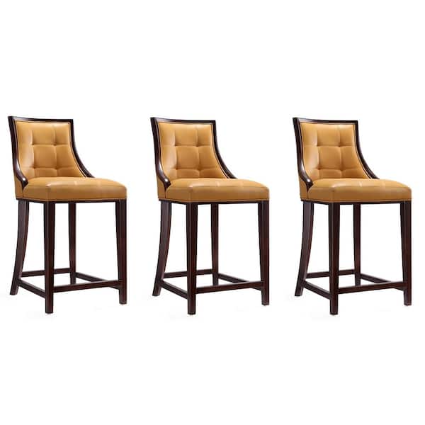 Manhattan Comfort Fifth Avenue 26 in. Camel and Dark Walnut Beech Wood Counter Stool with Faux Leather Upholstered Seat (Set of 3)
