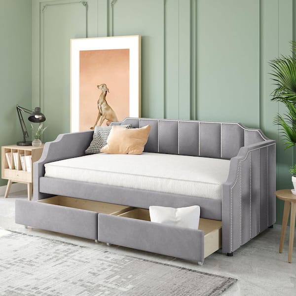 Harper & Bright Designs Gray Twin Size Upholstered Wooden Daybed with 2-Drawers