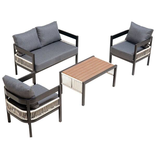 Black 4-Piece Iron and Rattan Outdoor Sectional Set with Gray Cushions