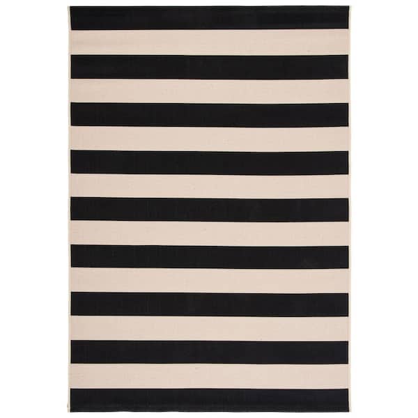 Courtyard Beige/Black 10 ft. x 14 ft. Awning Stripe Indoor/Outdoor Area Rug