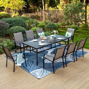 Black 9-Piece Metal Slat Rectangle Table Outdoor Patio Dining Set with Textilene Chairs