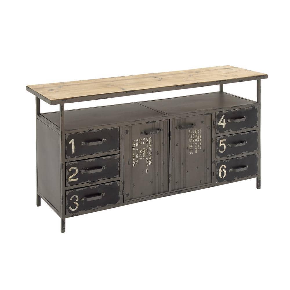 Gray Metal and Wood Industrial Sideboard with Numbered Drawers