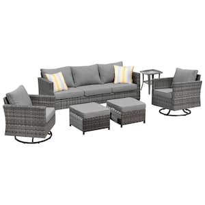 New Vultros Gray 6-Piece Wicker Outdoor Patio Conversation Set with Dark Gray Cushions and Swivel Rocking Chairs