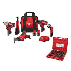 M12 12V Li-Ion Cordless Combo Kit (5-Tool) with Two 1.5Ah Batteries, Charger, Bag with 1/2 in. Metric Socket Set (29-Pc)