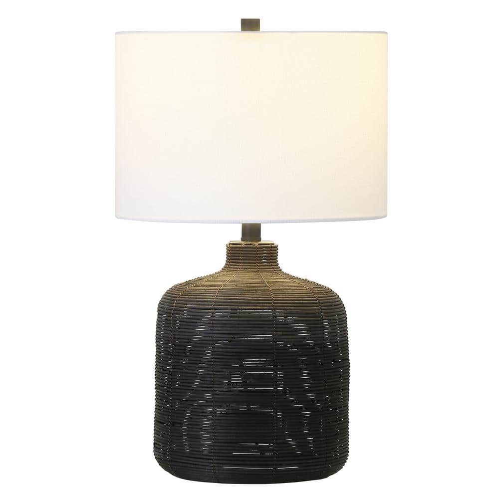 Petite Black Rattan Table Lamp with White Linen Shade