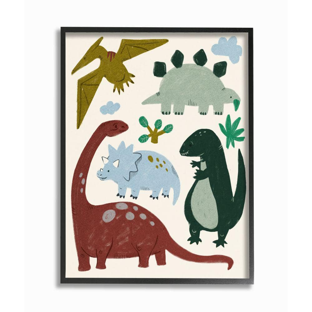 Stupell Industries Colorful Cartoon Dinosaur Friends Kid's Science Illustration Framed Wall Art Design by Daphne Polselli, 24 inch x 30 inch, Black