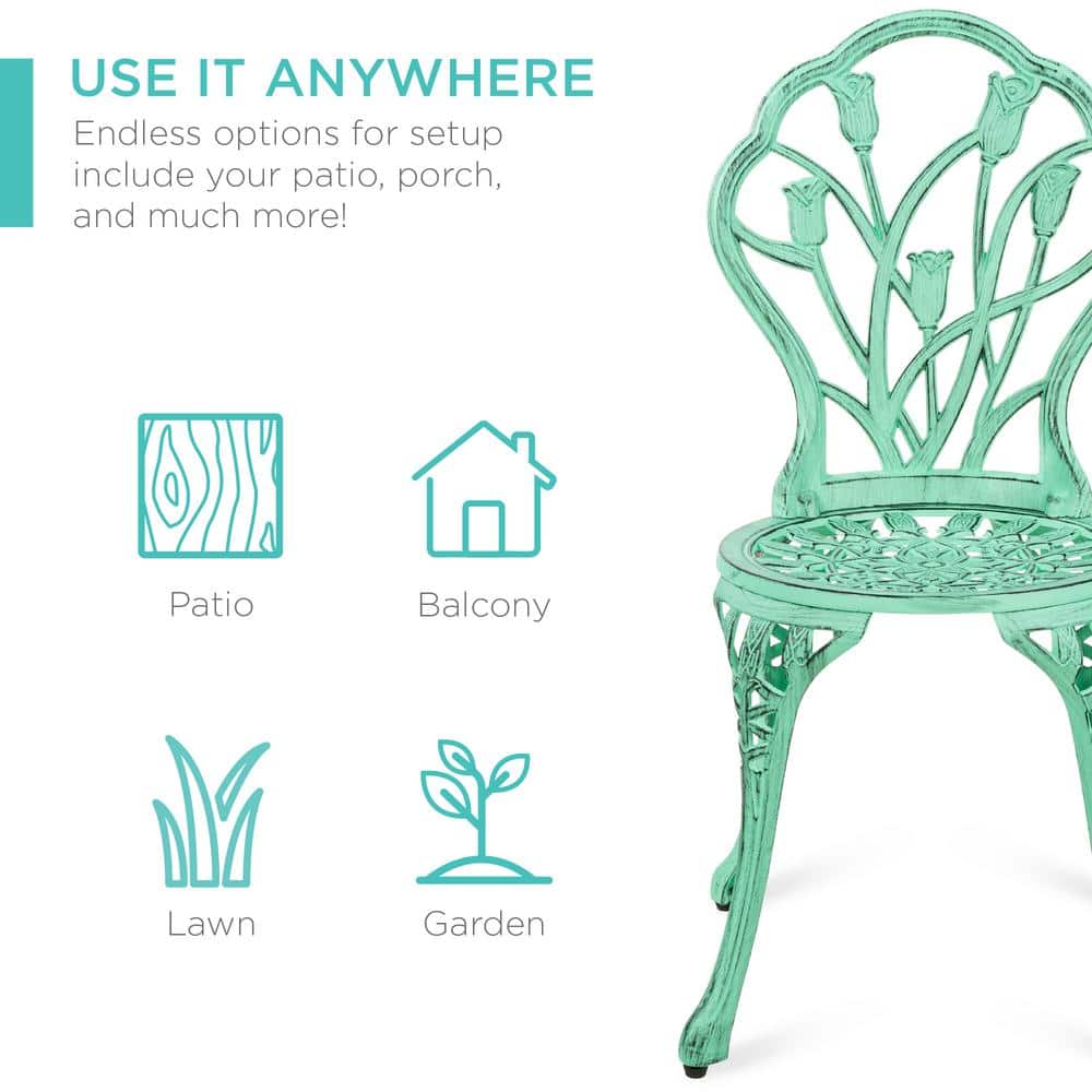 Teal Cast Aluminum Outdoor Bistro Set with Floral Design