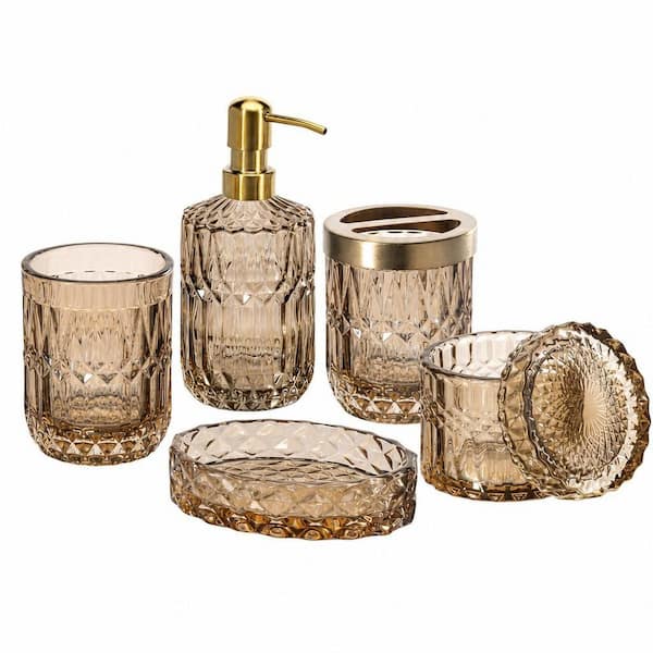 6-Piece Bath Accessory Set with Toothbrush Holder, Soap Dispenser, 2 Mason Jars, Soap Dish, Toilet Paper Basket in Brown