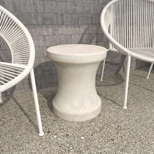 16 in. White Round Fiberclay Ceramic Distressed Hourglass Outdoor Accent Table