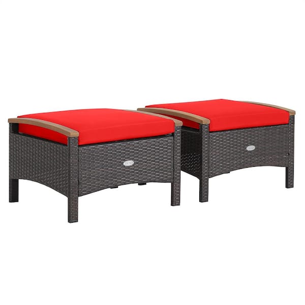 Gymax 2-Piece Wicker Outdoor Patio Ottomans Wooden Handles Rattan Knitting Foot Pedal with Red Cushions