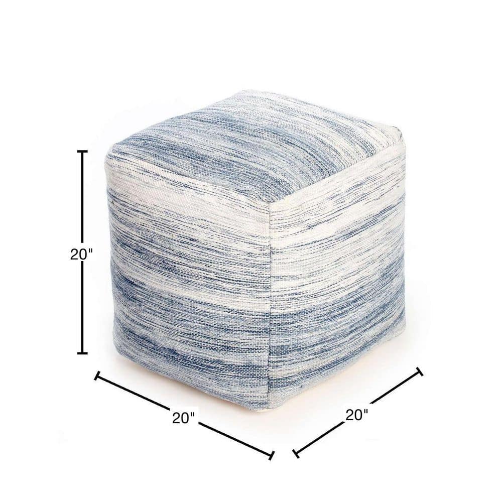 Bar Harbor 21" Blue and Ivory Cotton Pouf Ottoman