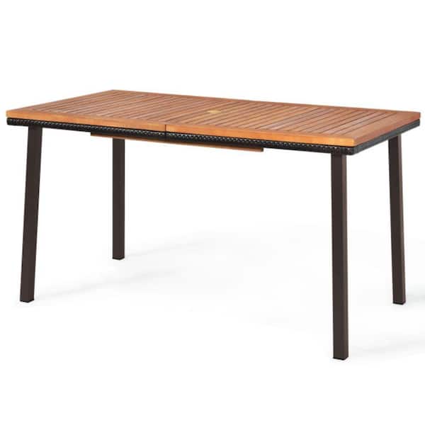 Alpulon 55 in. Patio Wood Rattan Outdoor Dining Table with Acacia Wood Tabletop and Umbrella Hole