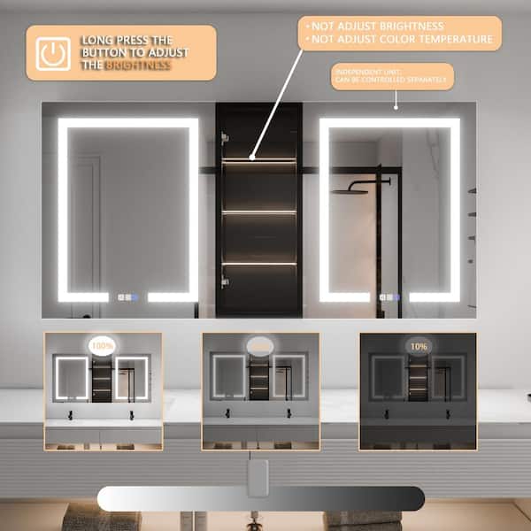 ExBrite ShineX 60 in.W x 30 in.H Rectangular Black Aluminum Recessed/Surface Mount Dual Swing Medicine Cabinet with Mirror LED