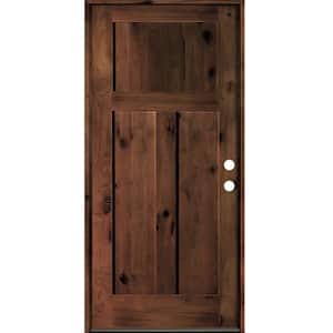 32 in. x 80 in. Rustic Knotty Alder 3 Panel Left Hand Red Mahogany Stain Wood Prehung Front Door