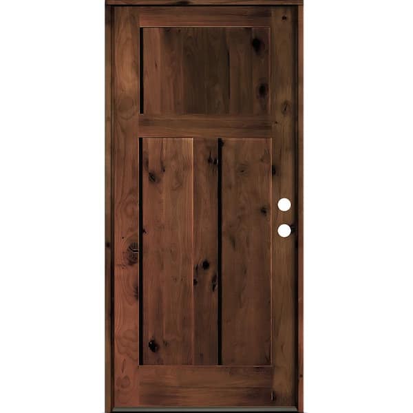 Krosswood Doors 32 in. x 80 in. Rustic Knotty Alder 3 Panel Left Hand Red Mahogany Stain Wood Prehung Front Door